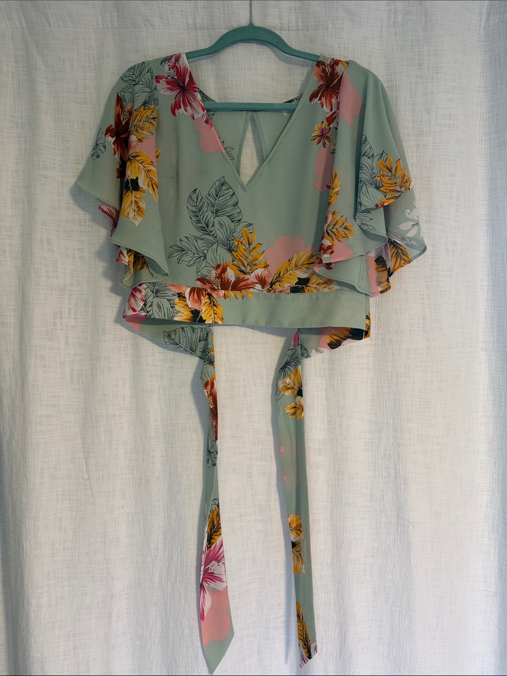 Floral Tie-Front Crop Top in Sage Green